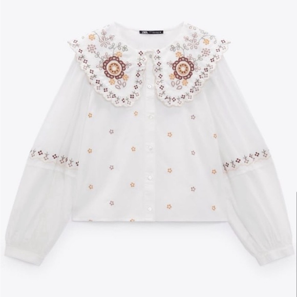 Zara Embroidered Poplin White Blouse with Floral Details size M - Picture 4 of 5